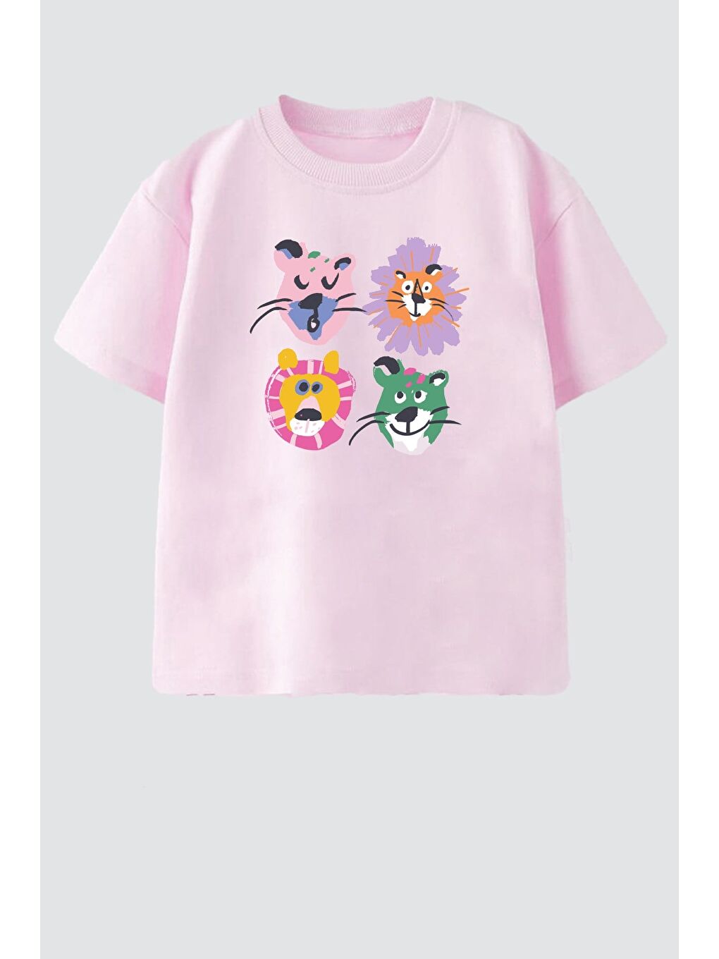 Pembe Unisex Çocuk Pamuklu Bisiklet Yaka Baskılı T-Shirt