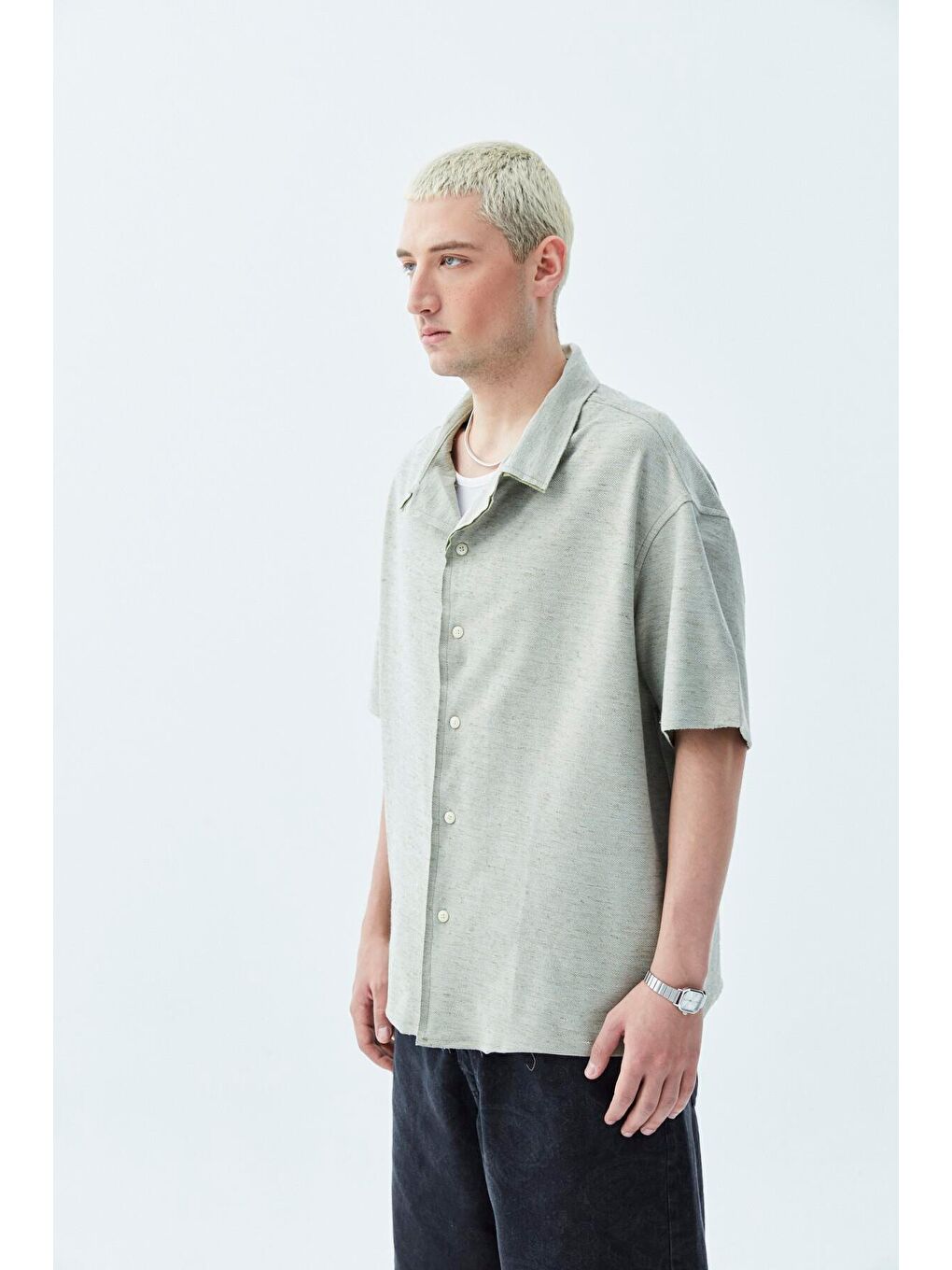 Oversize Keten Gömlek Haki-6