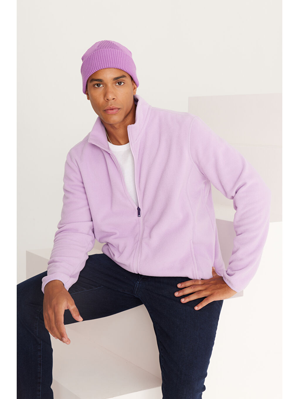 Erkek Lila Anti-Pilling Tüylenme Yapmayan Standart Fit Bato Yaka Sweatshirt Polar Ceket