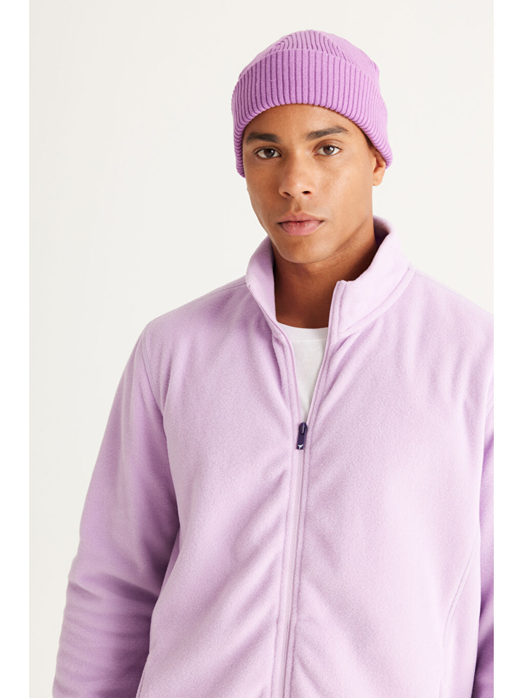 Erkek Lila Anti-Pilling Tüylenme Yapmayan Standart Fit Bato Yaka Sweatshirt Polar Ceket-1