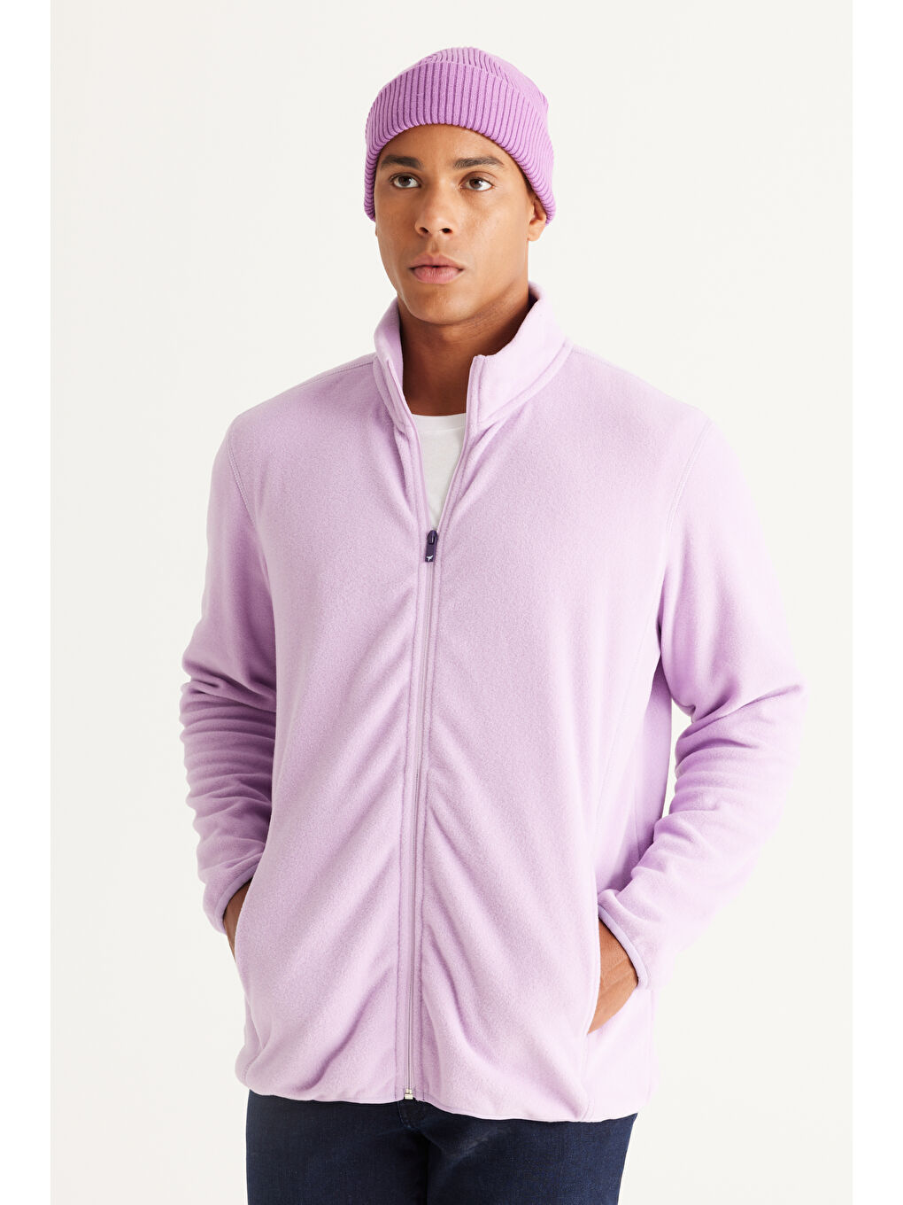 Erkek Lila Anti-Pilling Tüylenme Yapmayan Standart Fit Bato Yaka Sweatshirt Polar Ceket-3