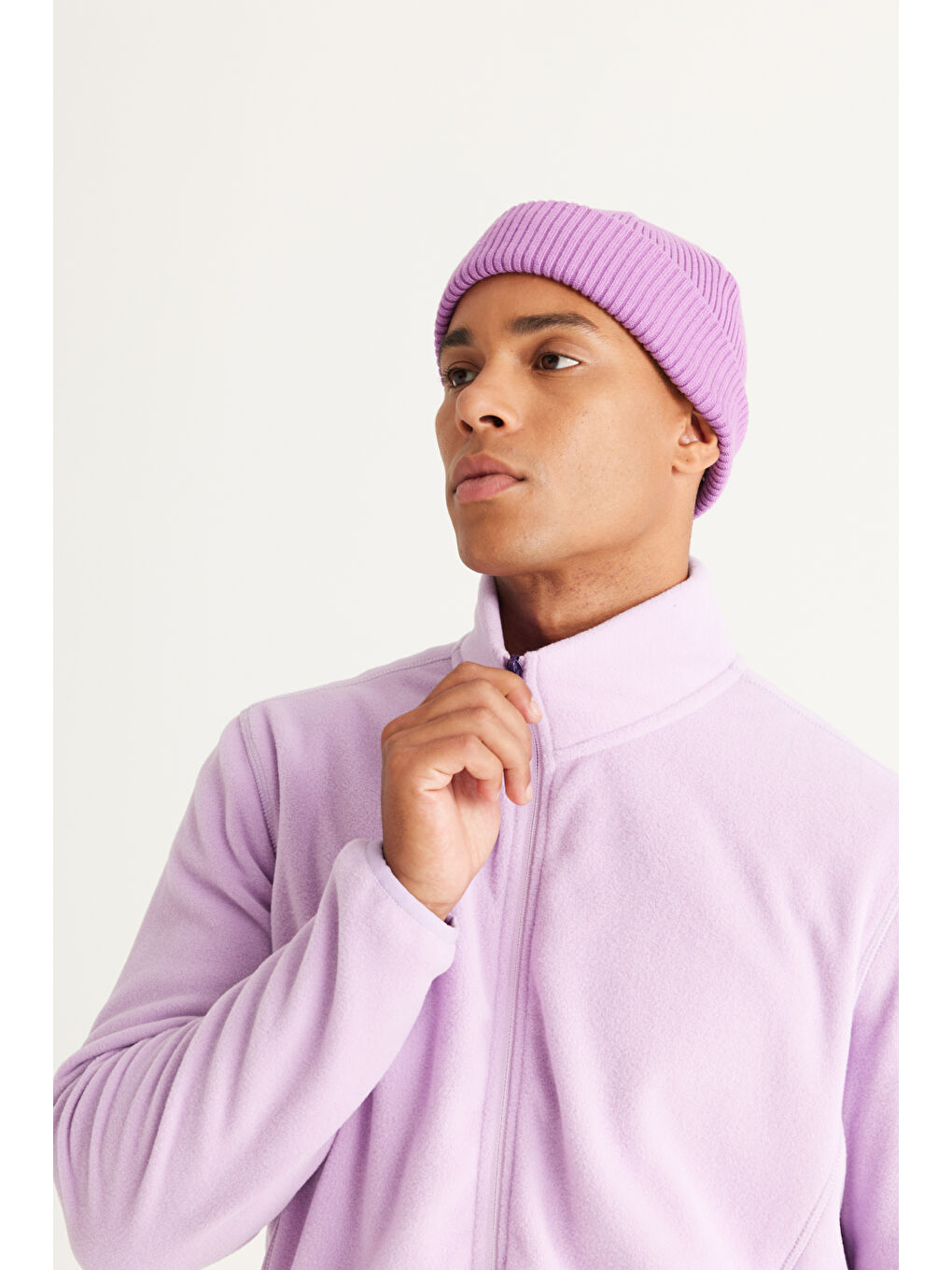 Erkek Lila Anti-Pilling Tüylenme Yapmayan Standart Fit Bato Yaka Sweatshirt Polar Ceket-4