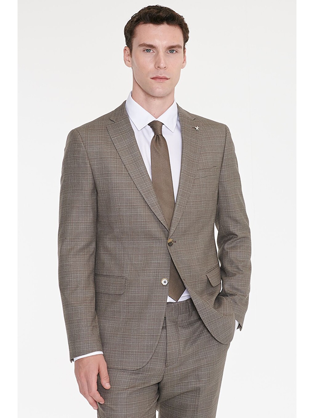 Erkek Bej Yünlü Slim Fit Dar Kesim Mono Yaka Kapak Cepli Desenli Esnek Takım Elbise-2