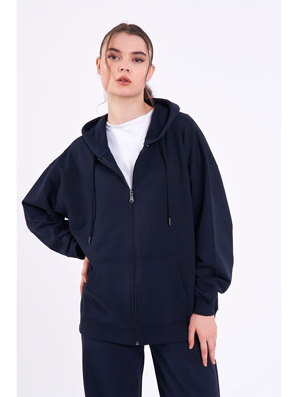 MMETALIC Lacivert Kanguru Cepli Kapüşonlu Fermuarlı Oversize Kadın Sweatshirt - 1