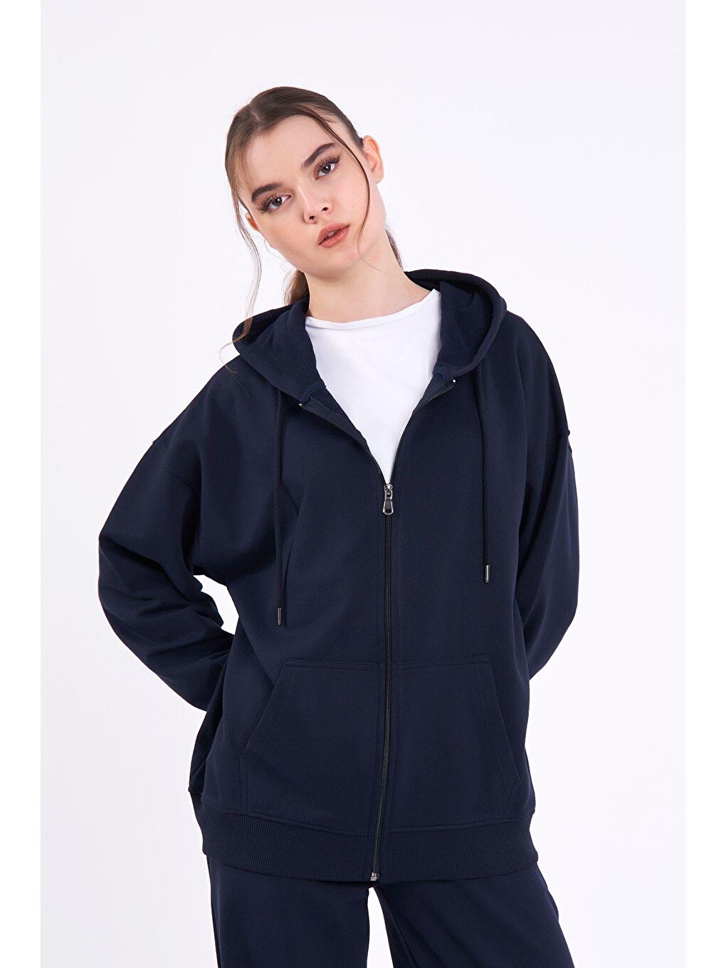 MMETALIC Lacivert Kanguru Cepli Kapüşonlu Fermuarlı Oversize Kadın Sweatshirt - 2