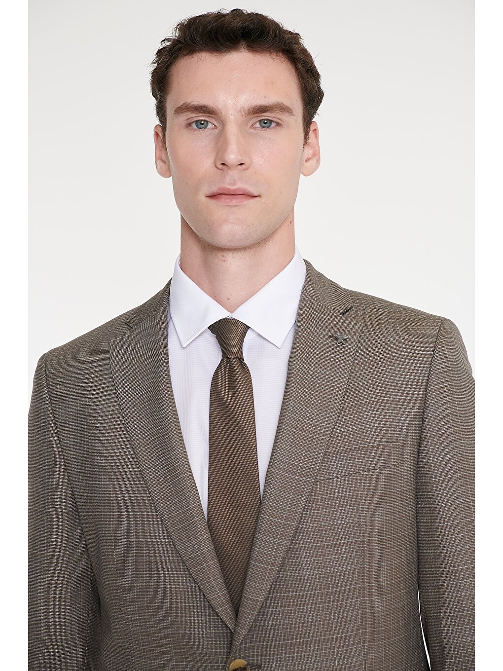 Erkek Bej Yünlü Slim Fit Dar Kesim Mono Yaka Kapak Cepli Desenli Esnek Takım Elbise-3