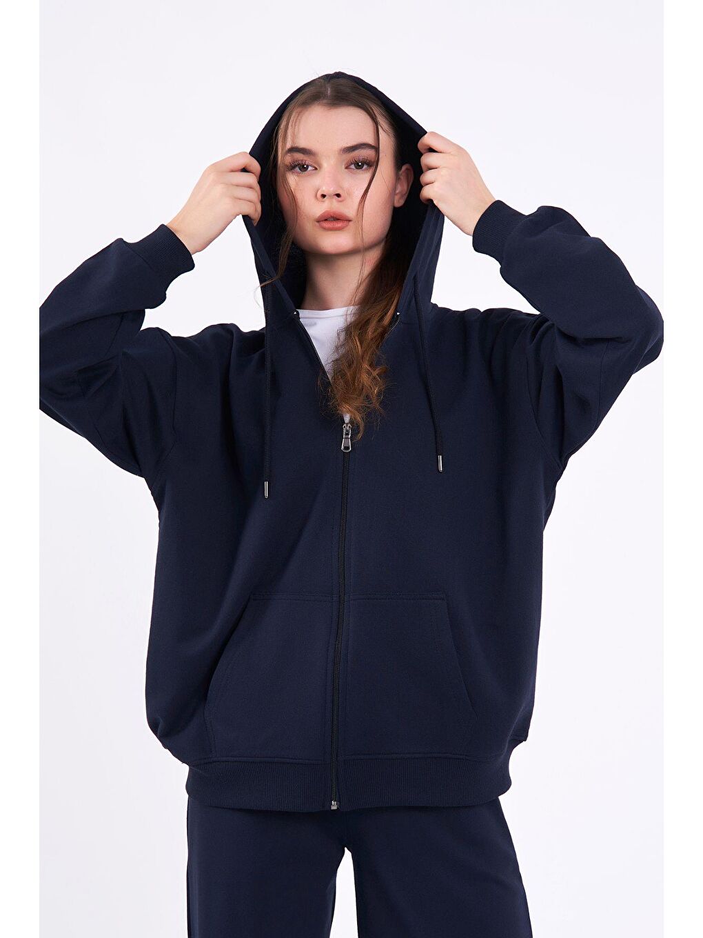 MMETALIC Lacivert Kanguru Cepli Kapüşonlu Fermuarlı Oversize Kadın Sweatshirt - 3