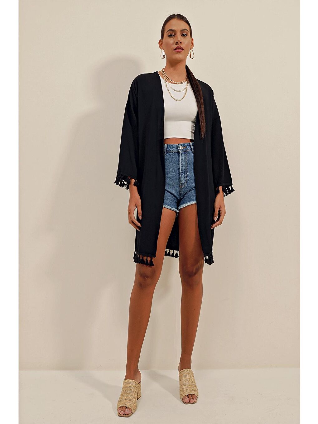 5833 Fırfırlı Kimonıo - Siyah-1