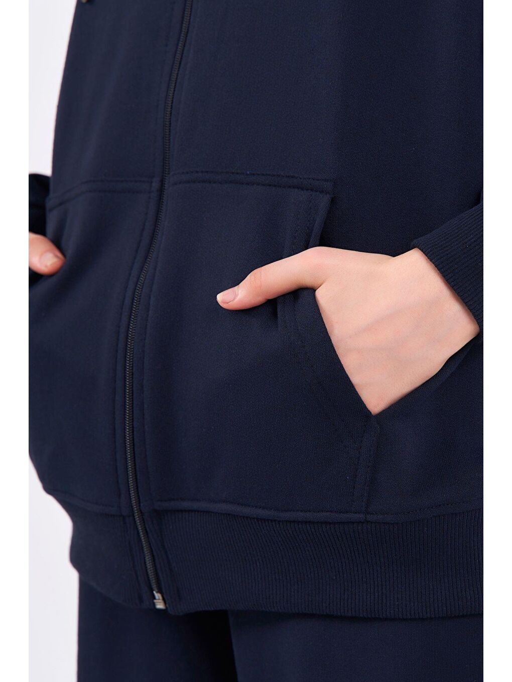 MMETALIC Lacivert Kanguru Cepli Kapüşonlu Fermuarlı Oversize Kadın Sweatshirt - 4