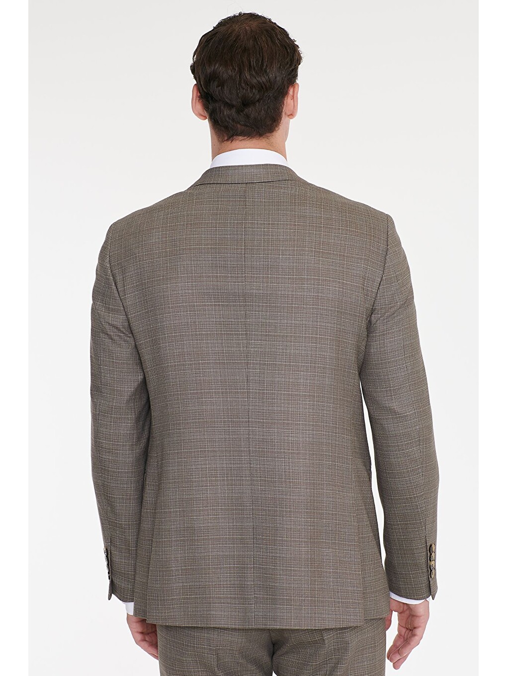 Erkek Bej Yünlü Slim Fit Dar Kesim Mono Yaka Kapak Cepli Desenli Esnek Takım Elbise-4