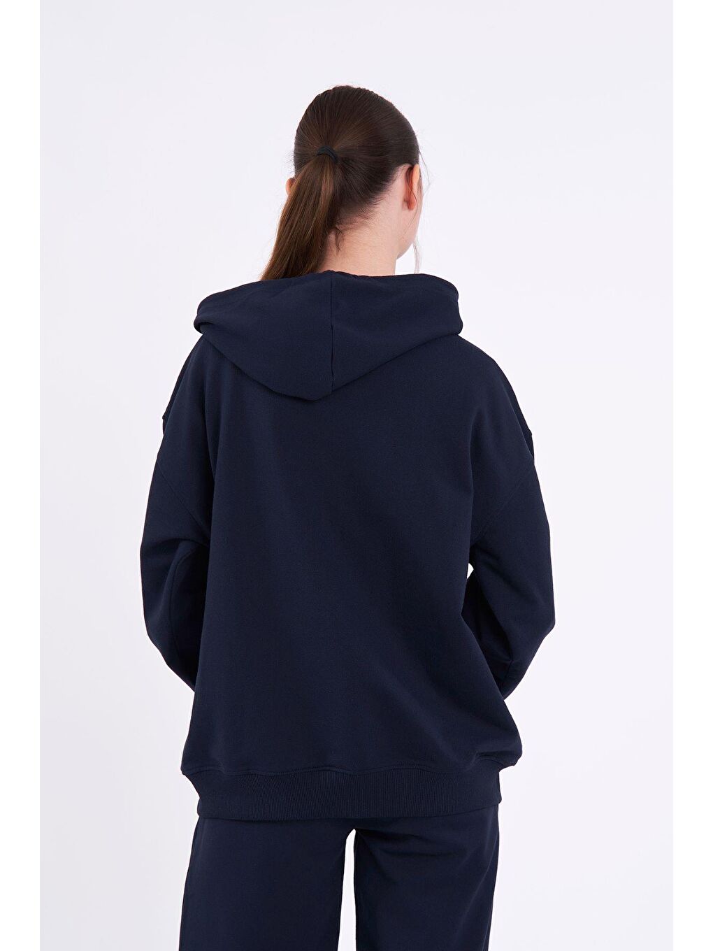 MMETALIC Lacivert Kanguru Cepli Kapüşonlu Fermuarlı Oversize Kadın Sweatshirt - 5