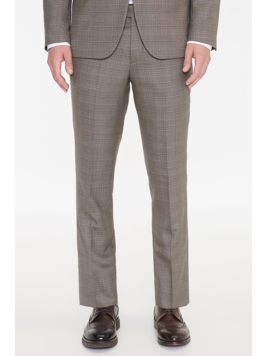 Erkek Bej Yünlü Slim Fit Dar Kesim Mono Yaka Kapak Cepli Desenli Esnek Takım Elbise-5