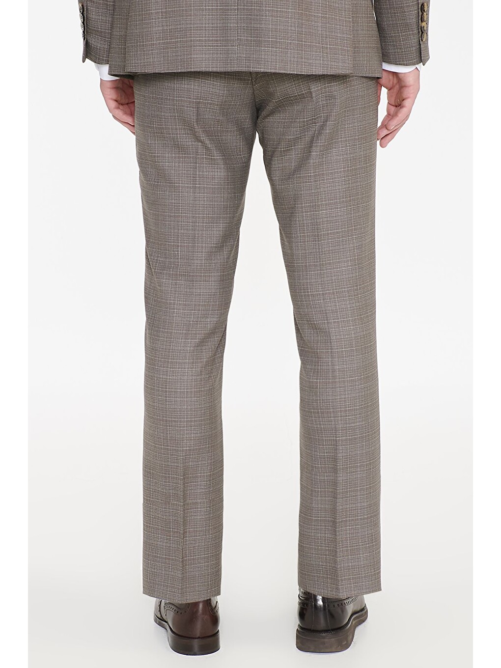 Erkek Bej Yünlü Slim Fit Dar Kesim Mono Yaka Kapak Cepli Desenli Esnek Takım Elbise-6
