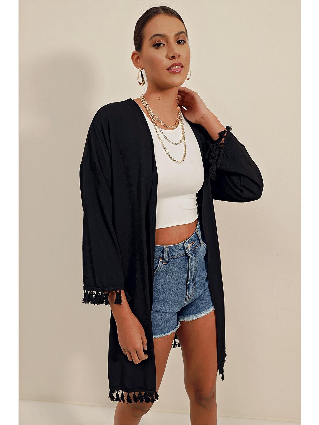 5833 Fırfırlı Kimonıo - Siyah-3