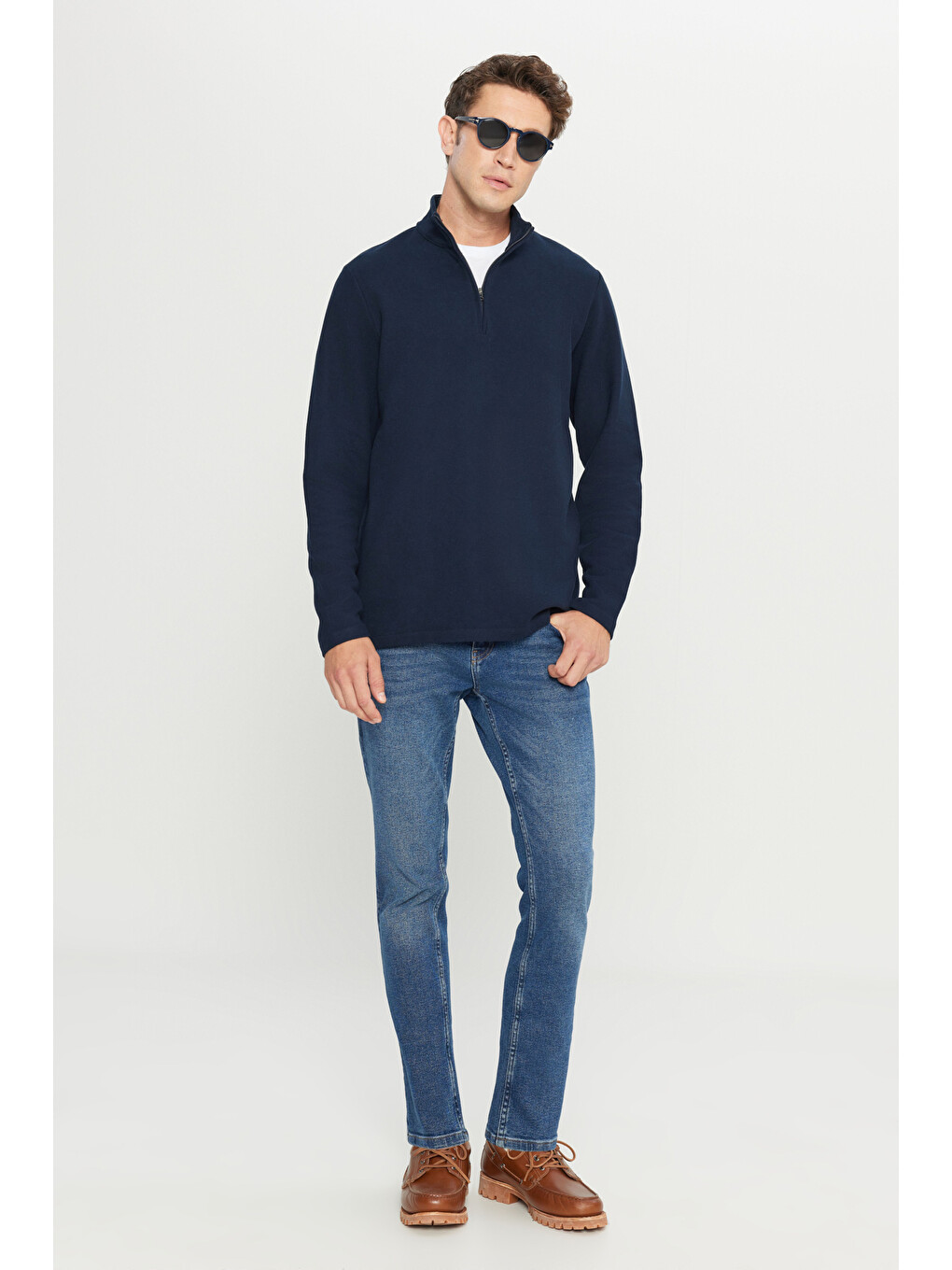 Erkek Lacivert Pamuklu Slim Fit Dar Kesim Bato Yaka Uzun Kollu Tişört-1