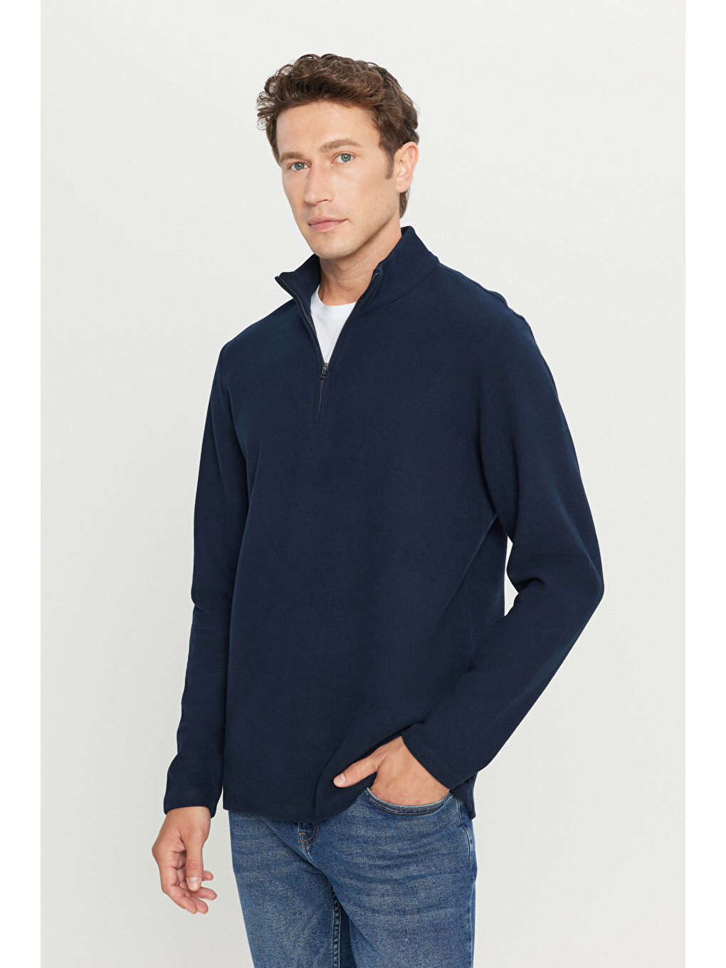 Erkek Lacivert Pamuklu Slim Fit Dar Kesim Bato Yaka Uzun Kollu Tişört-2