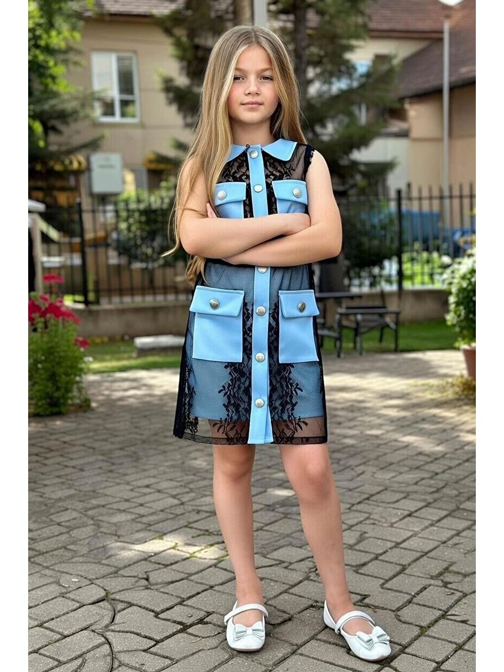 Kız Çocuk Üzeri Dantel İşlemeli Cep Detaylı Şeffaf Kumaş Astarlı Mavi Etekli Takım-1