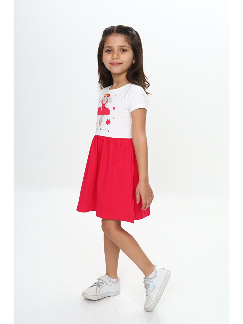 Fuşya Kız Çocuk Tavşan Çiçek Baskılı Elbise-1