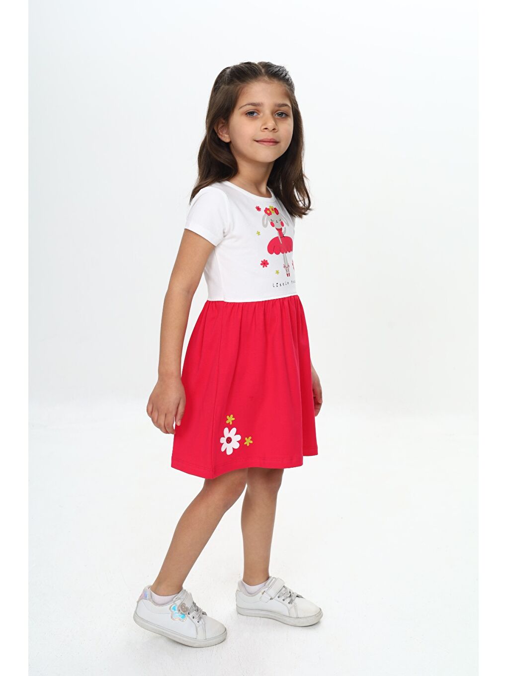 Fuşya Kız Çocuk Tavşan Çiçek Baskılı Elbise-2