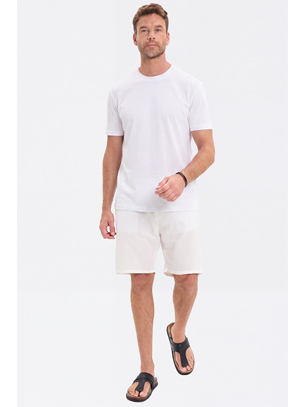 Erkek Loose Fit Rahat Kesim %100 Pamuk Kısa Kollu Beyaz Bisiklet Yaka Tişört-1