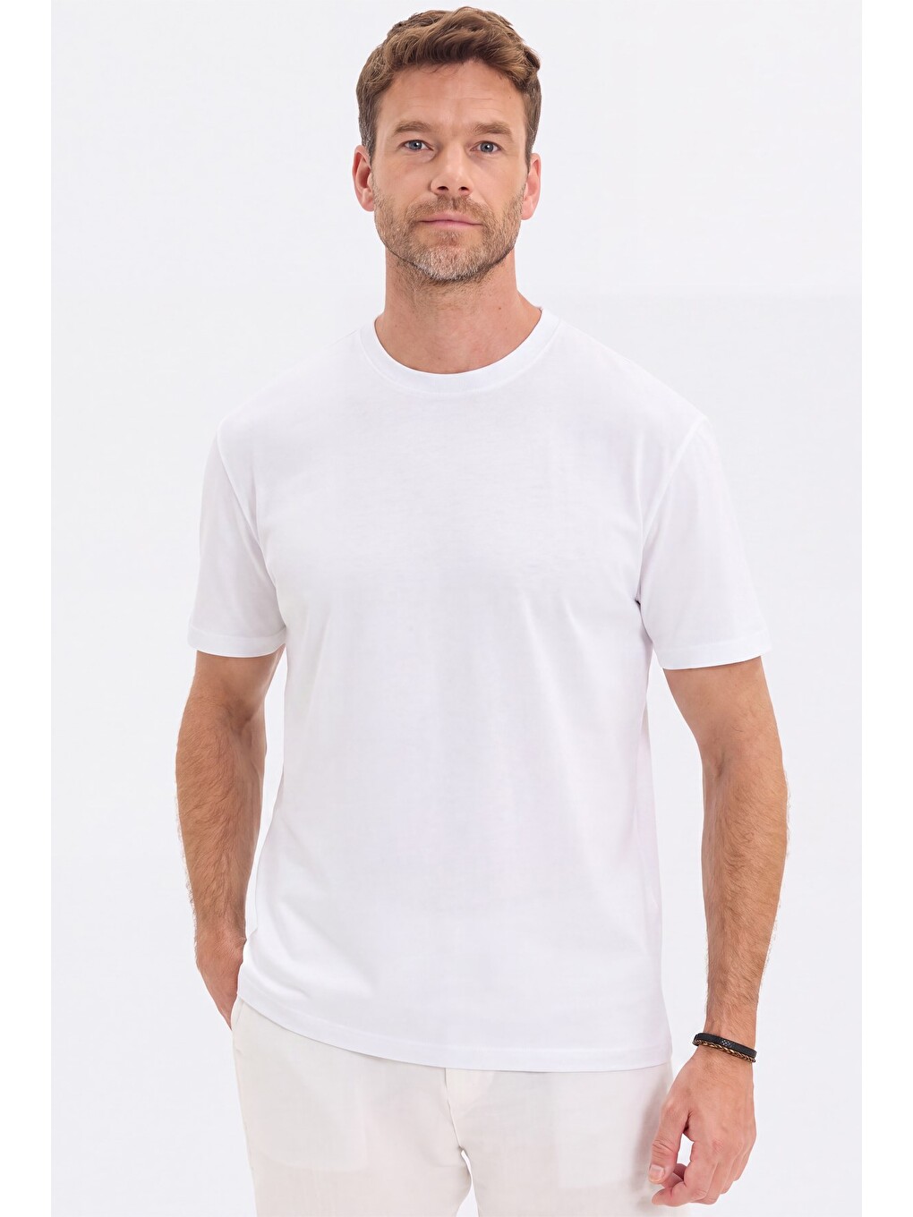 Erkek Loose Fit Rahat Kesim %100 Pamuk Kısa Kollu Beyaz Bisiklet Yaka Tişört-2