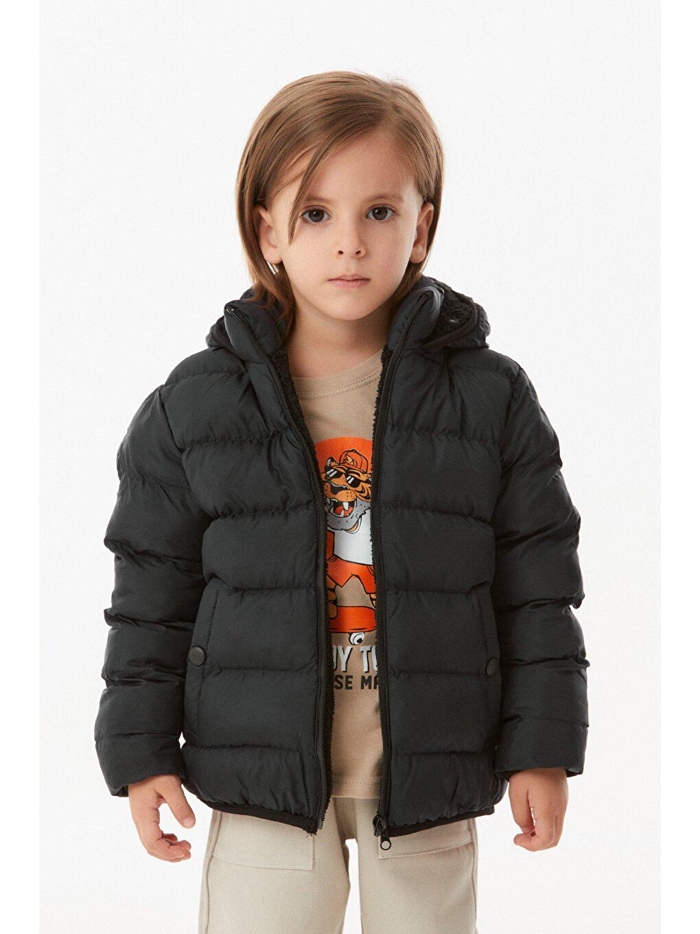 Siyah Cebi Çıtçıtlı Unisex Çocuk Şişme Mont