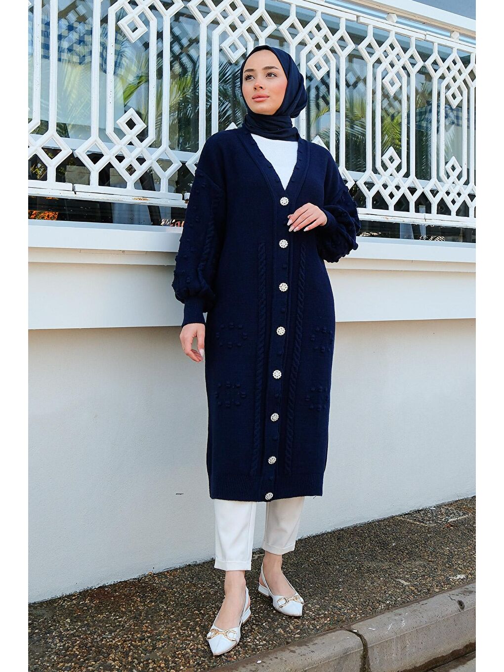 Kadın Örgü Desen Triko Hırka Lacivert