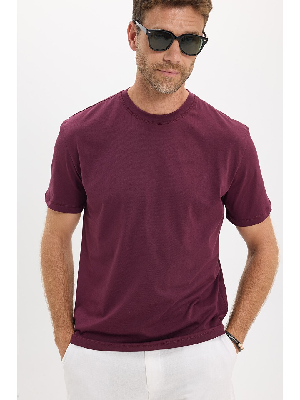 Erkek Loose Fit Rahat Kesim %100 Pamuk Yumuşak Dokulu Kısa Kollu Bordo Bisiklet Yaka Tişört-7
