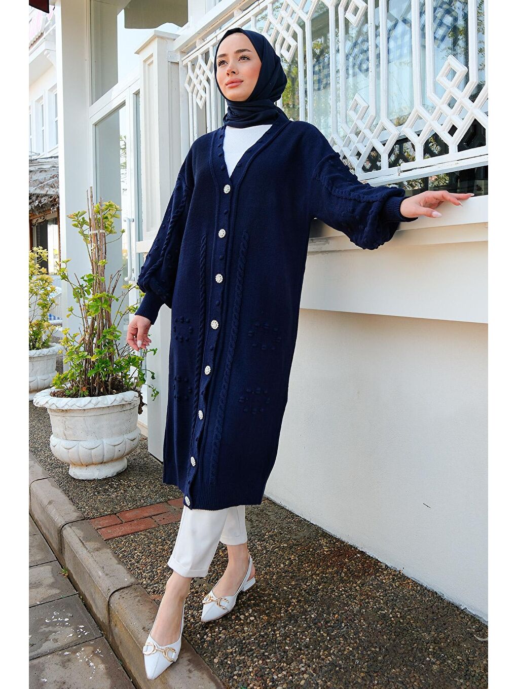 Kadın Örgü Desen Triko Hırka Lacivert-1