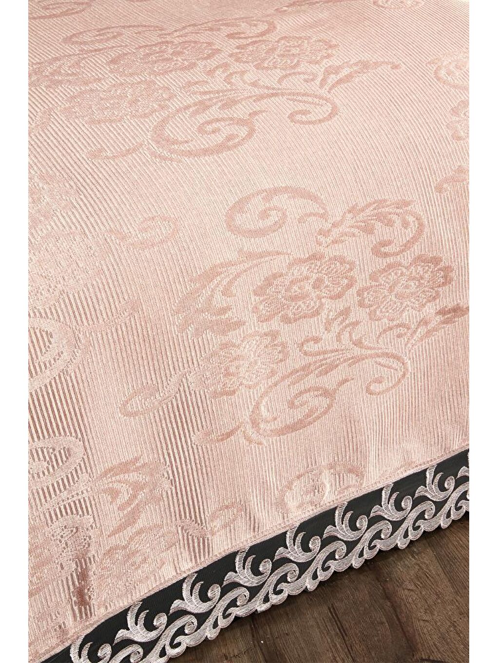 Pembe Fransız Dantelli Belins &#199;ift Kişilik Yatak &#214;rt&#252;s&#252; Pudra-3