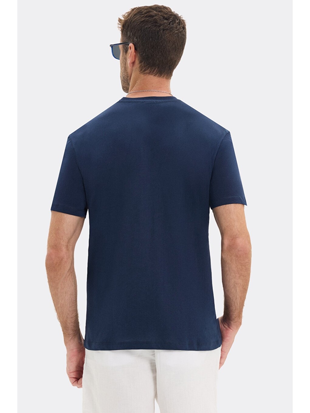 Erkek Loose Fit Rahat Kesim %100 Pamuk Yumuşak Dokulu Kısa Kollu Lacivert Bisiklet Yaka Tişört-6