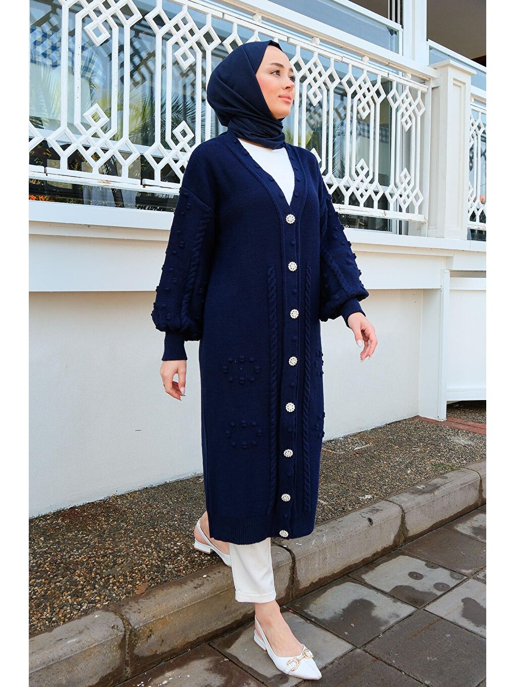 Kadın Örgü Desen Triko Hırka Lacivert-2