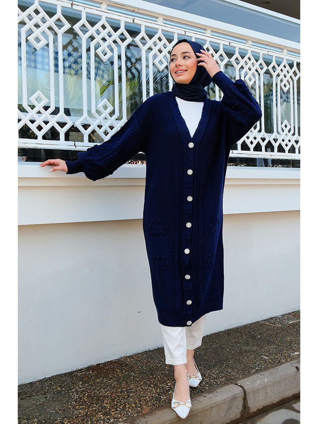 Kadın Örgü Desen Triko Hırka Lacivert-3