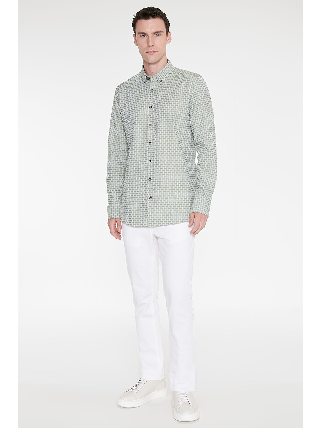 Erkek Yeşil %100 Pamuk Slim Fit Dar Kesim Düğmeli Yaka Armürlü Gömlek-1