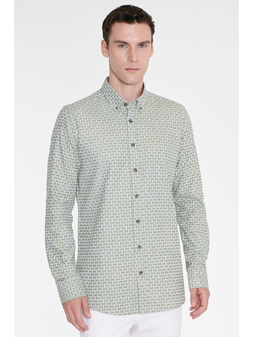 Erkek Yeşil %100 Pamuk Slim Fit Dar Kesim Düğmeli Yaka Armürlü Gömlek-2
