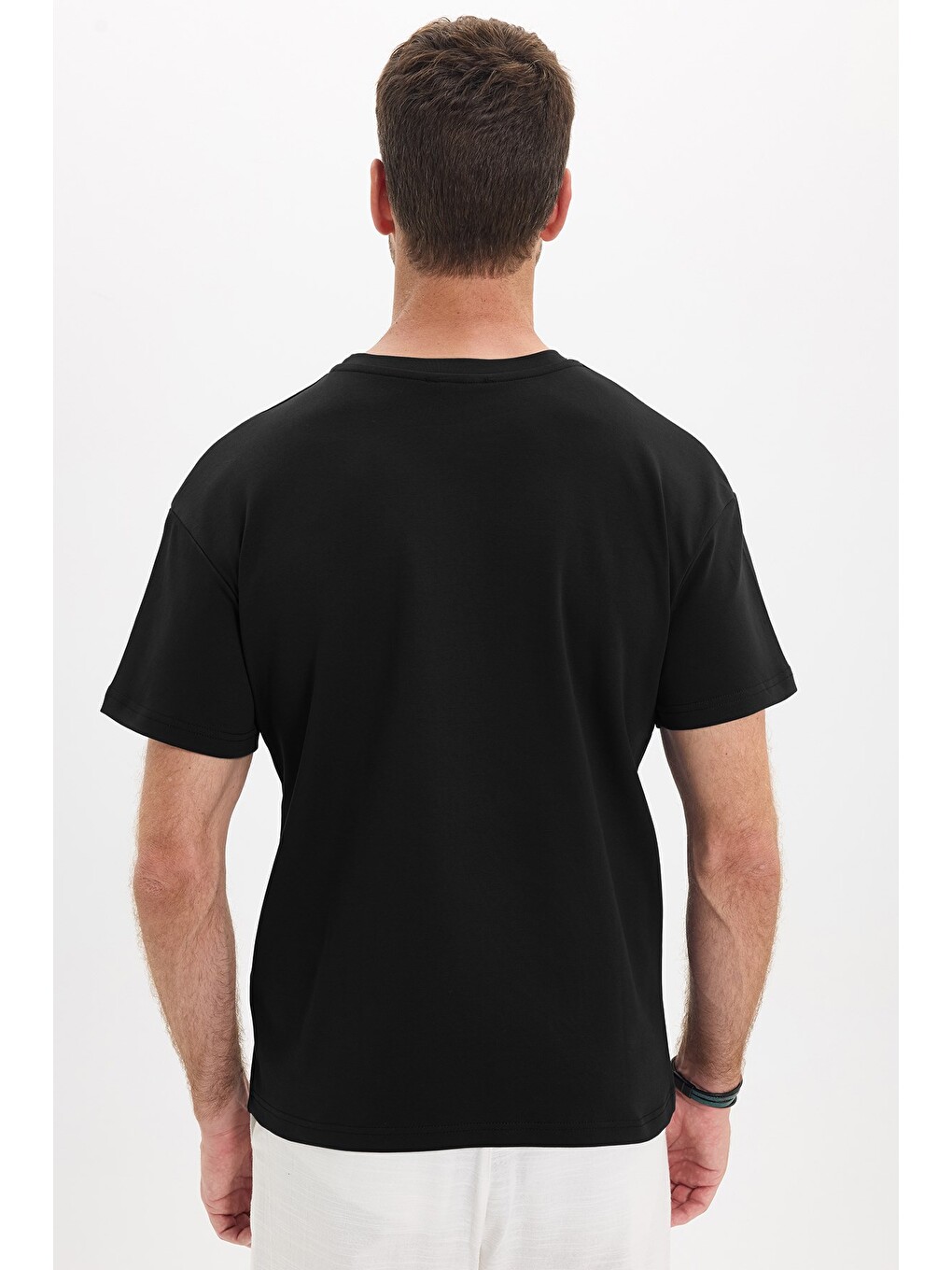 Erkek Oversize Geniş Kesim Pamuklu Kısa Kol Elastanlı Cepli Siyah Bisiklet Yaka Tişört-7