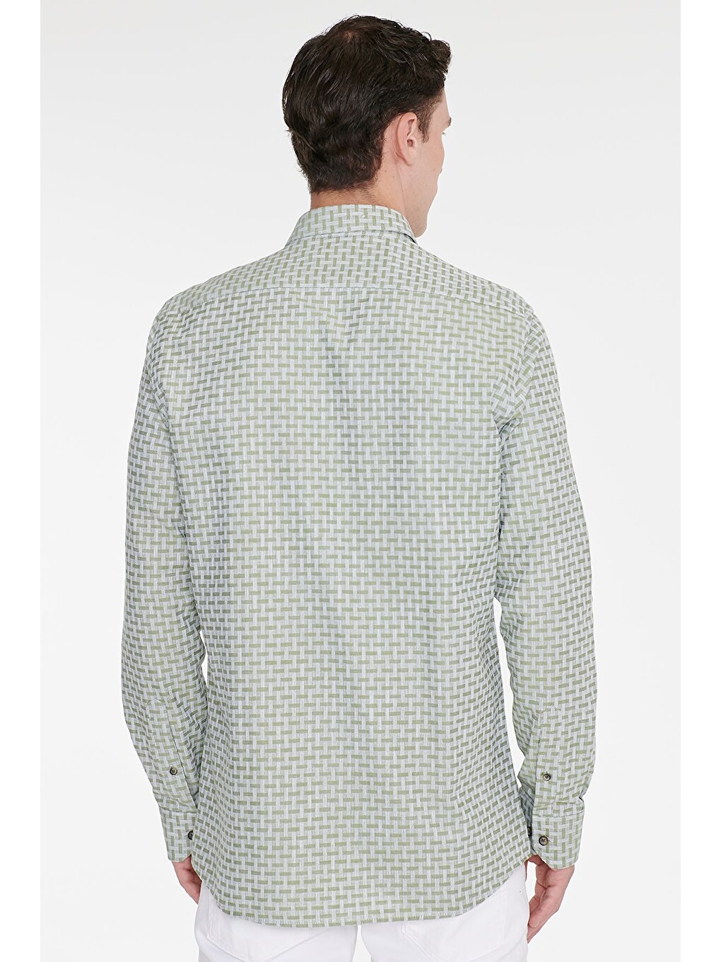 Erkek Yeşil %100 Pamuk Slim Fit Dar Kesim Düğmeli Yaka Armürlü Gömlek-5
