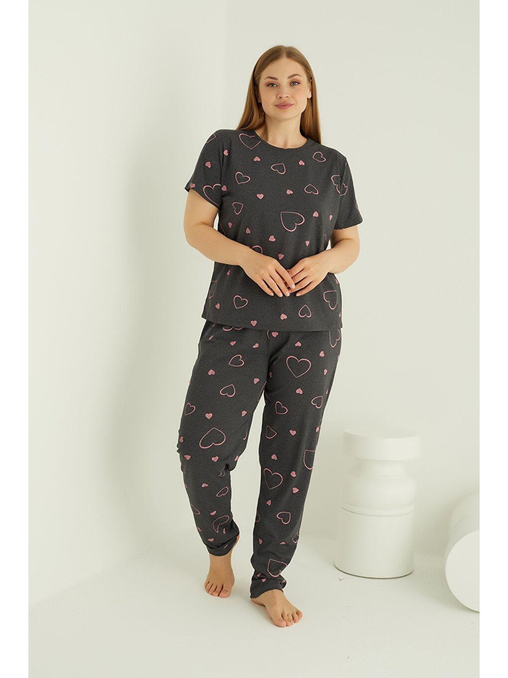 Antrasit Pamuklu Büyük Beden Pijama Takim-1