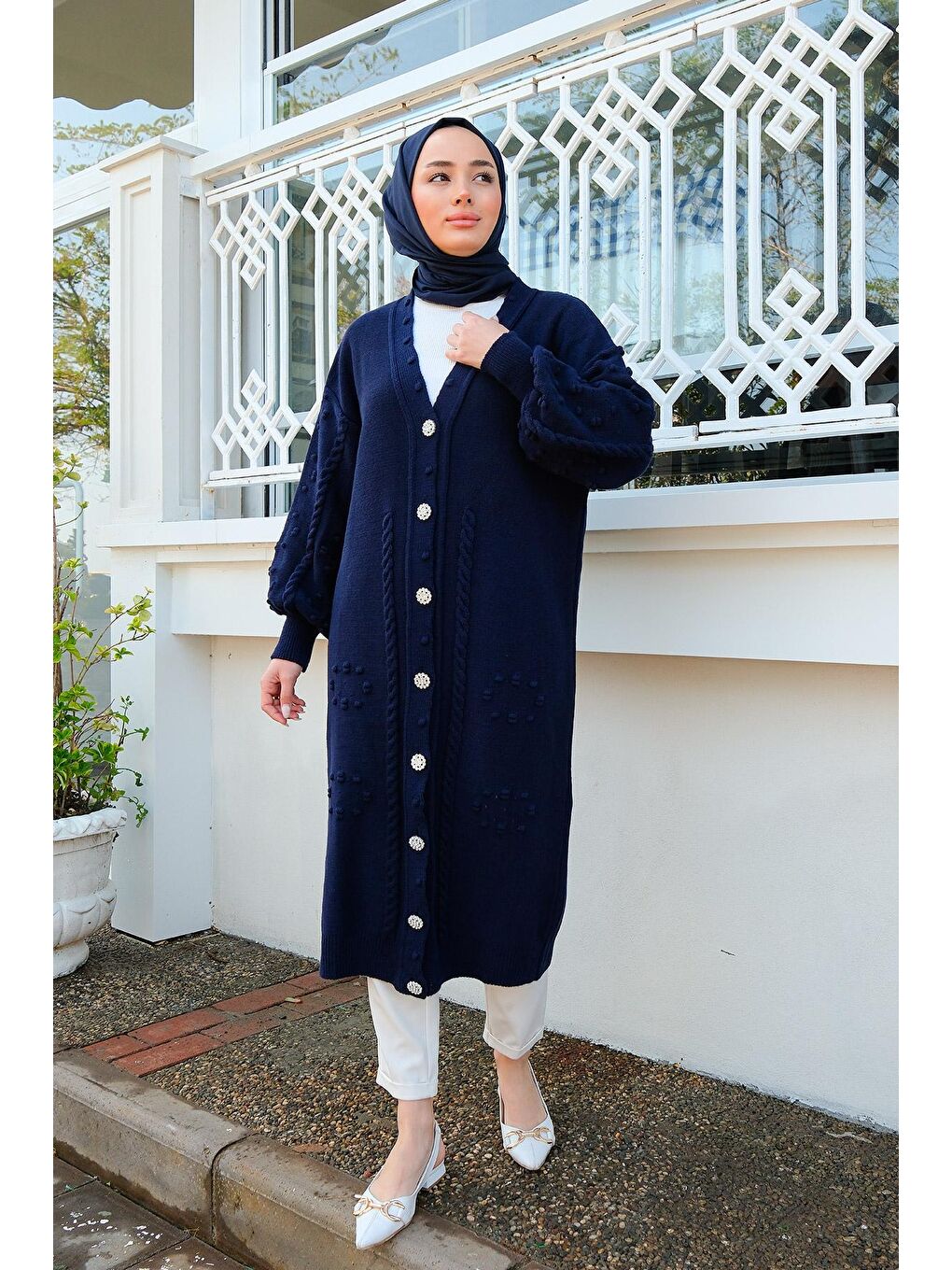 Kadın Örgü Desen Triko Hırka Lacivert-4