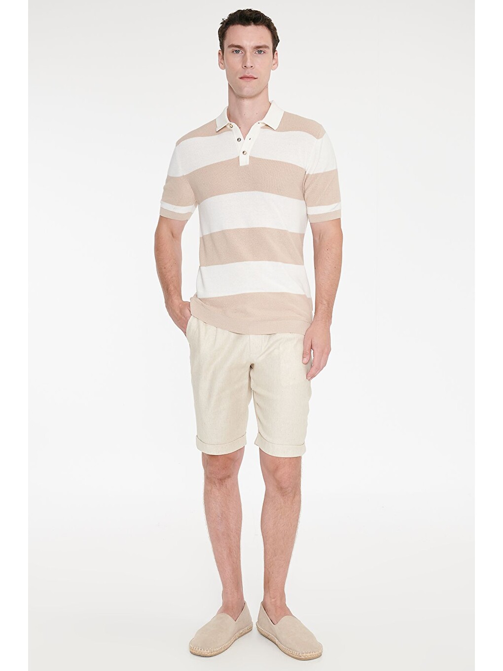 Erkek Ekru-bej %100 Pamuk Standart Fit Normal Kesim Polo Yaka Çizgili Triko Tişört-1