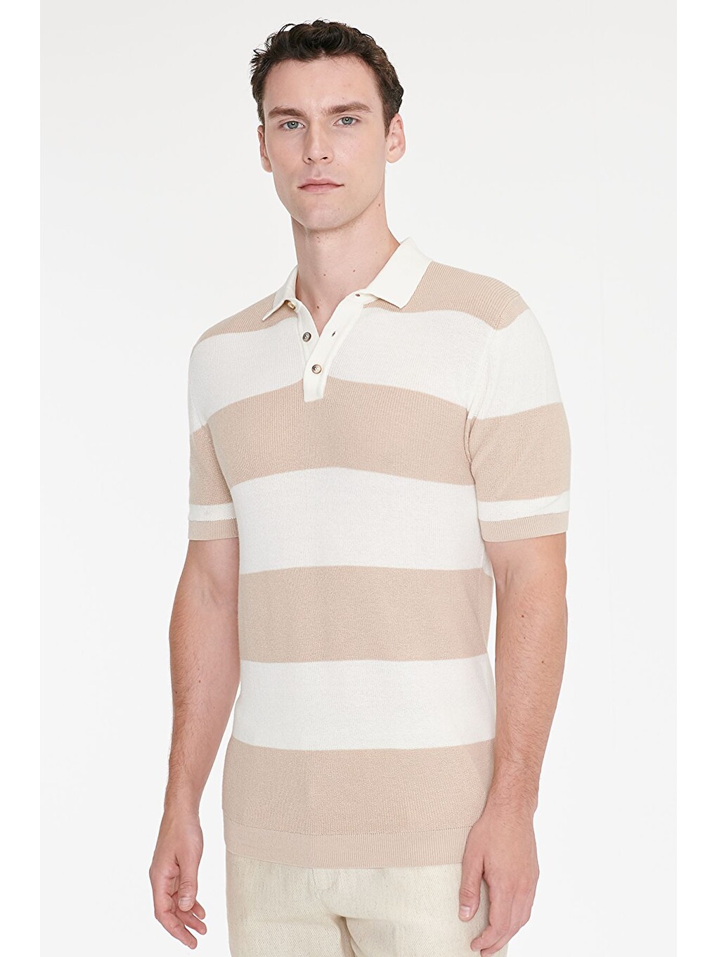 Erkek Ekru-bej %100 Pamuk Standart Fit Normal Kesim Polo Yaka Çizgili Triko Tişört-2