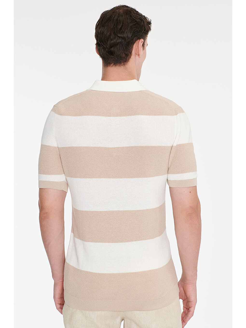 Erkek Ekru-bej %100 Pamuk Standart Fit Normal Kesim Polo Yaka Çizgili Triko Tişört-4
