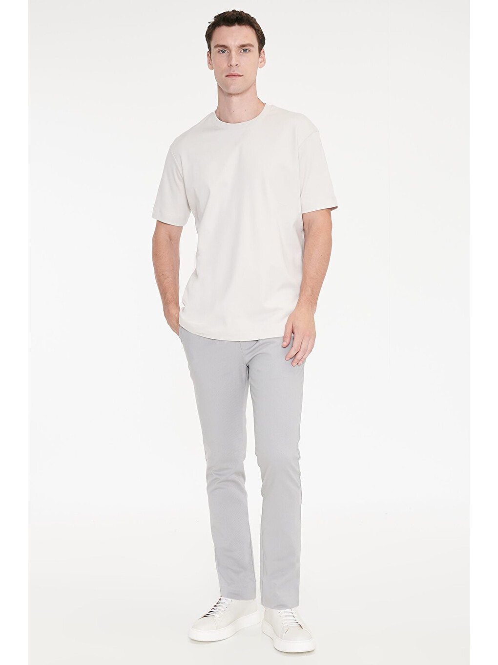 Bej Erkek Taş %100 Pamuk Modern Fit Normal Kesim Bisiklet Yaka Tişört-1