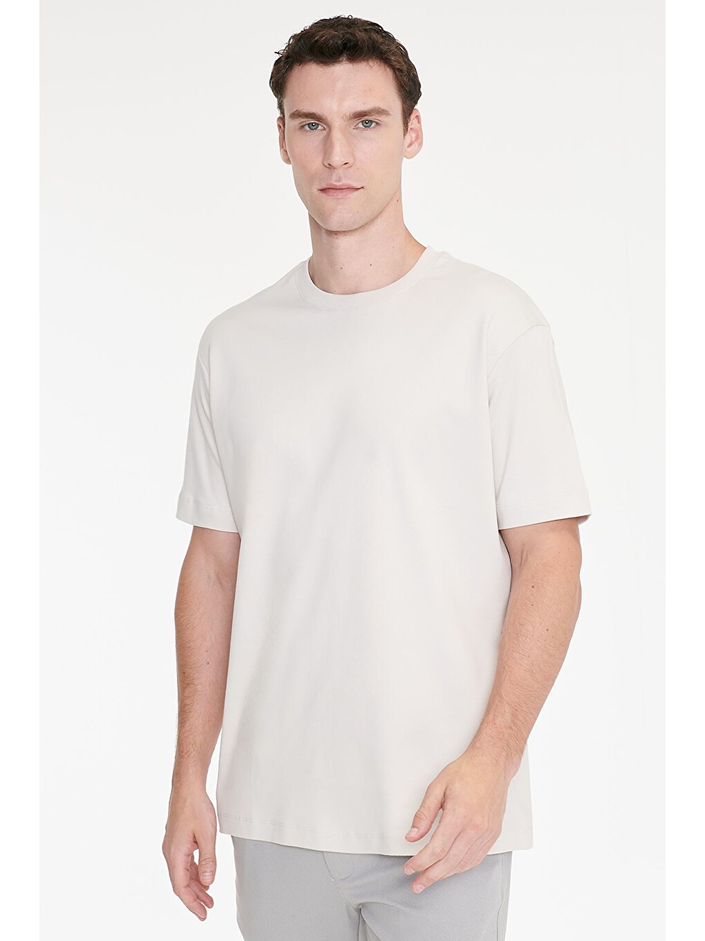 Bej Erkek Taş %100 Pamuk Modern Fit Normal Kesim Bisiklet Yaka Tişört-2