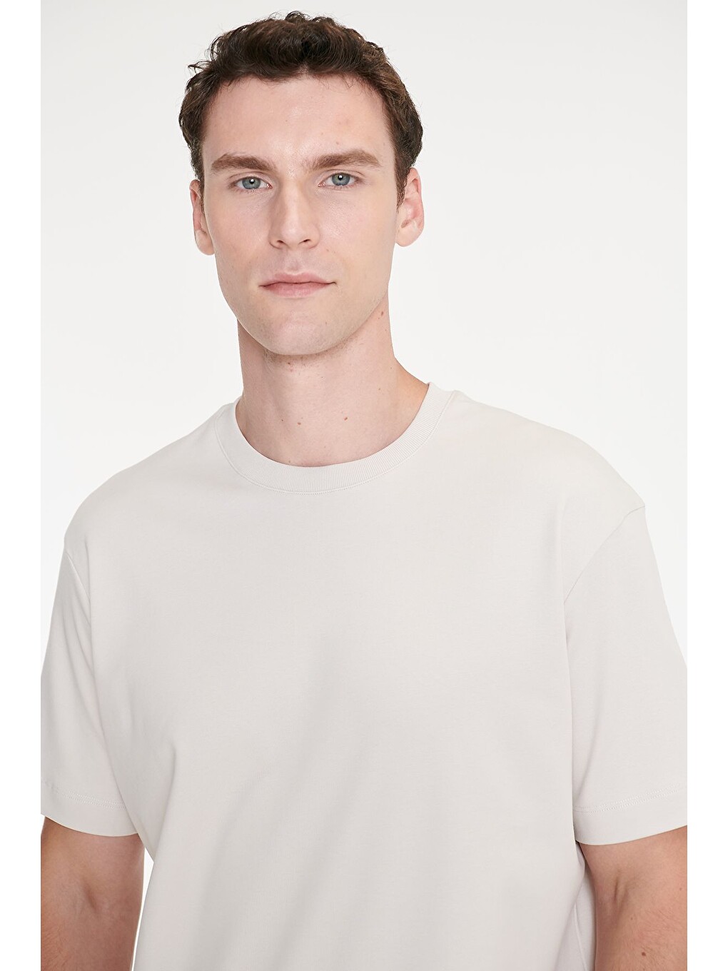 Bej Erkek Taş %100 Pamuk Modern Fit Normal Kesim Bisiklet Yaka Tişört-3