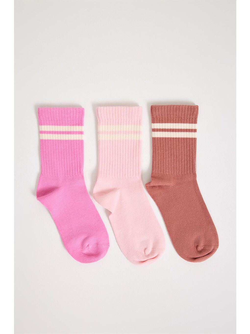 3 Lü Paket Şeritli Kız Çocuk Soket Çorap Pembe Desenli