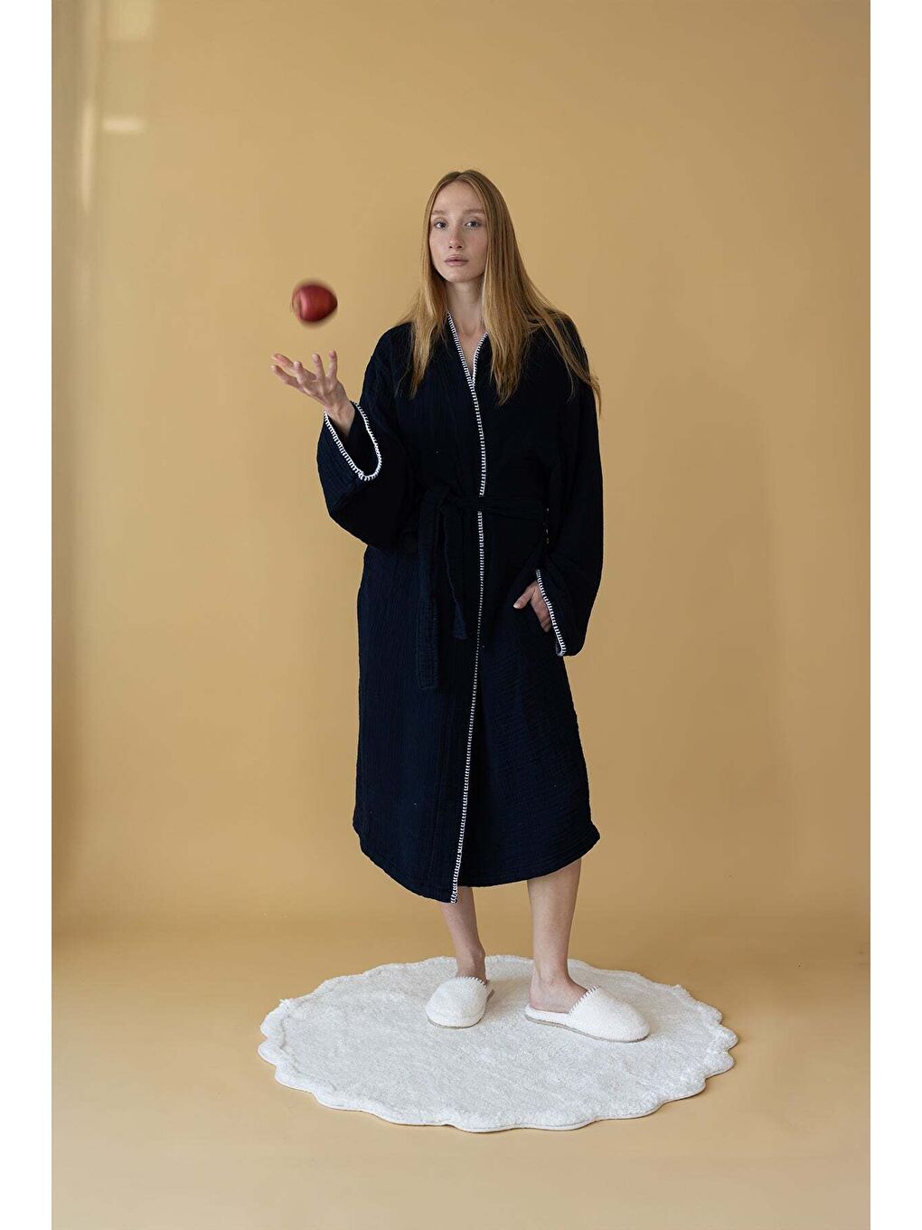 Loom 4 Katlı Çoban Dikşili Kadın Bornoz Lacivert