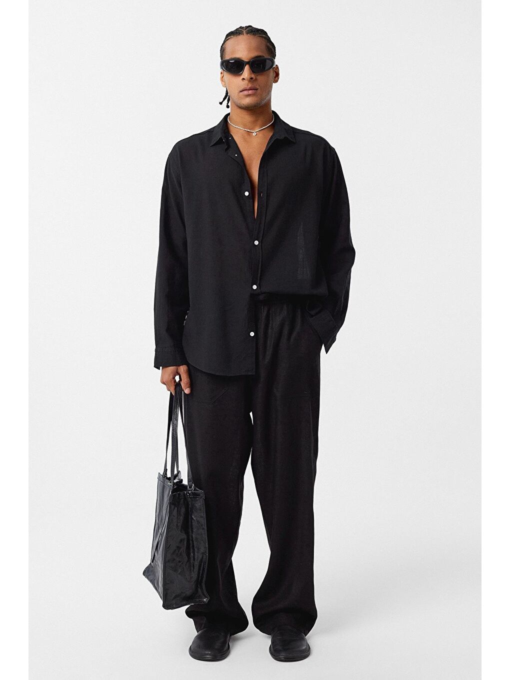 Basic Oversize Pamuk Keten Gömlek Siyah