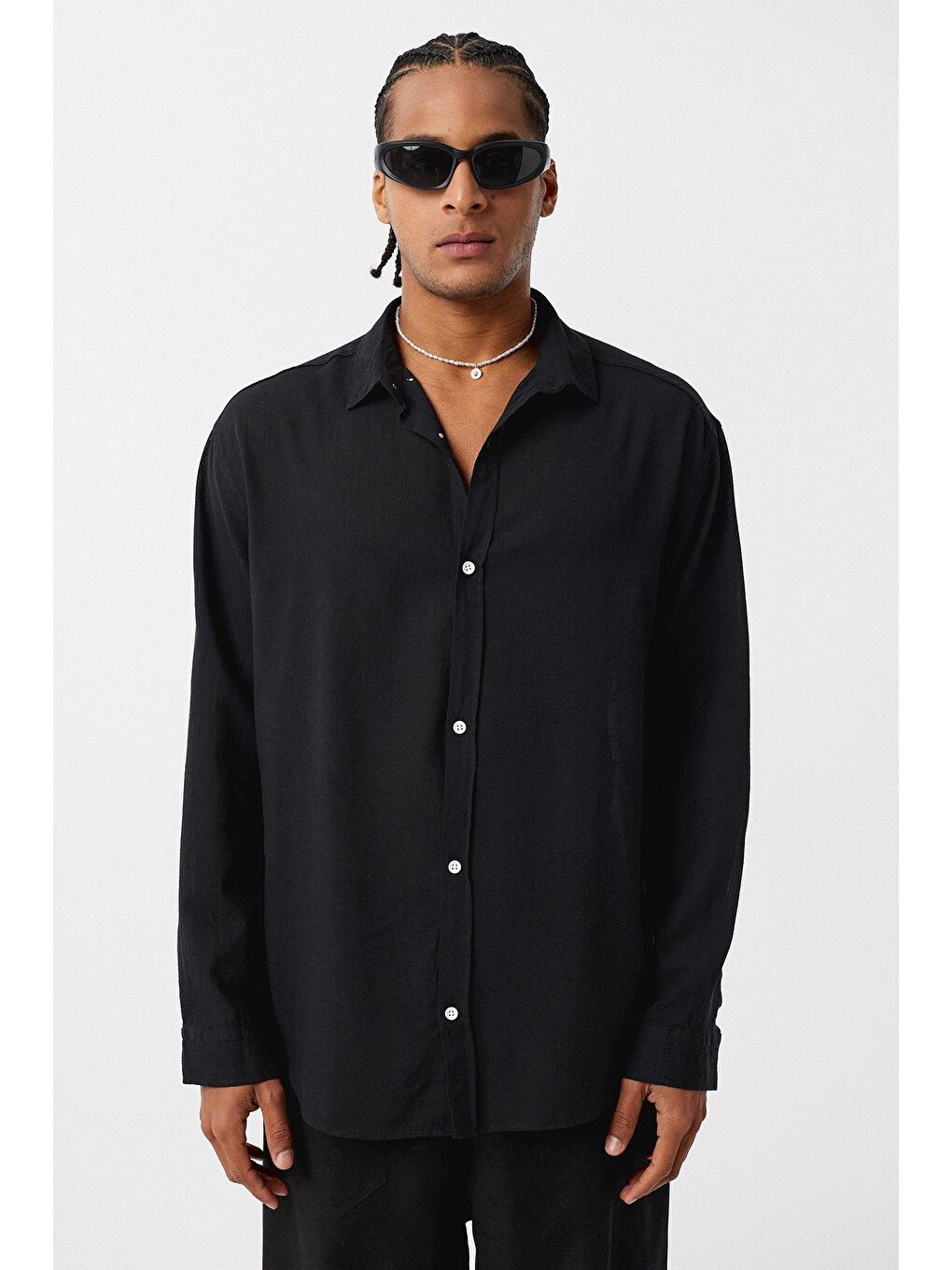 Basic Oversize Pamuk Keten Gömlek Siyah-2