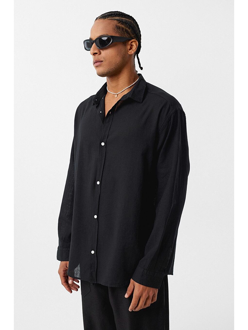 Basic Oversize Pamuk Keten Gömlek Siyah-3